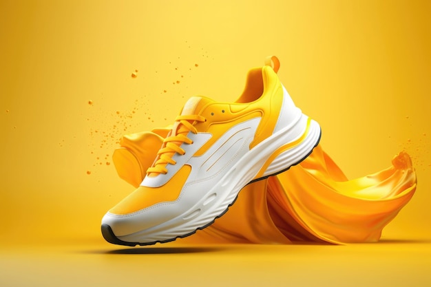 Flying trendy sneakers on creative colorful background Sport footwear and fashion concept in minimalistic style Levitating shoes