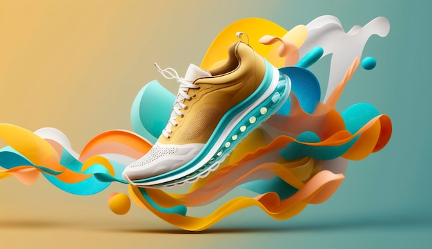 Flying trendy sneakers on creative colorful background stylish fashionable concept