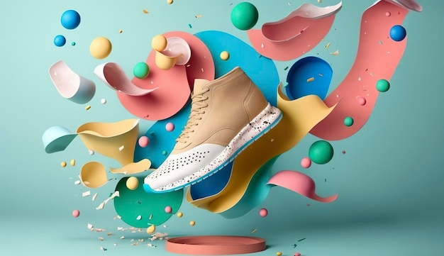 Flying trendy sneakers on creative colorful background Stylish fashionable concept