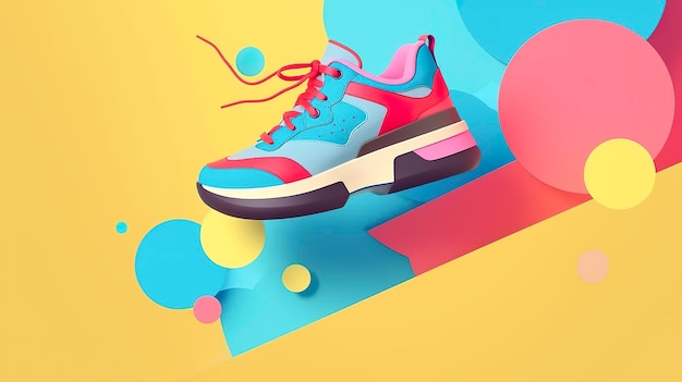 Flying trendy sneakers on creative colorful background Stylish fashionable concept