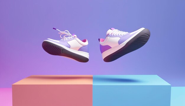 Flying trendy sneakers on creative colorful background stylish fashionable concept