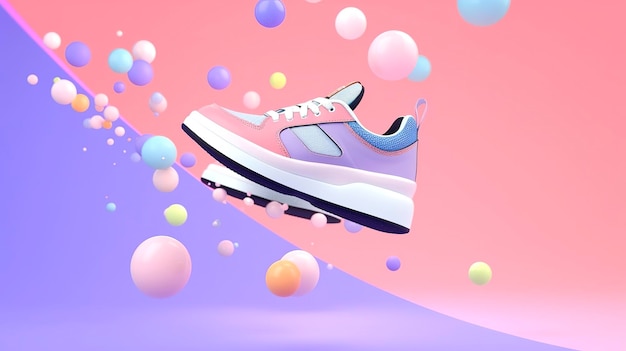 Flying trendy sneakers on creative colorful background stylish fashionable concept