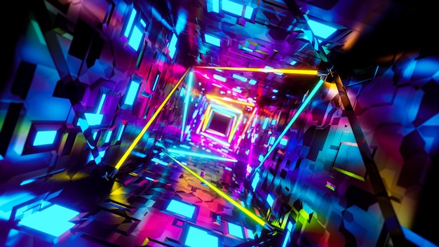 Flying in a tunnel with flashing multicolored fluorescent lights 3D rendering illustration