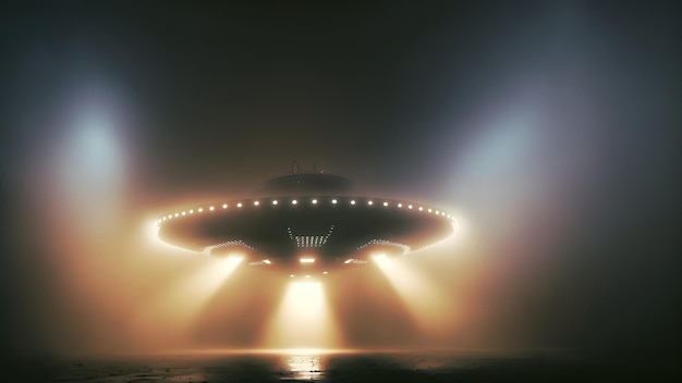 Flying ufo saucer in foggy night over flat ground surface with wide orange beam of light neural