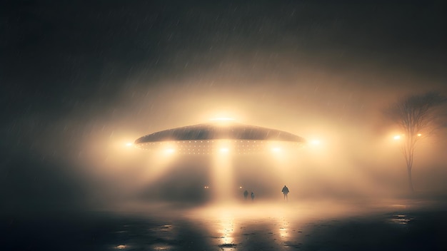 Flying UFO saucer spacecraft over wild field with some people silhouettes at foggy night with beams of light underneath neural network generated art