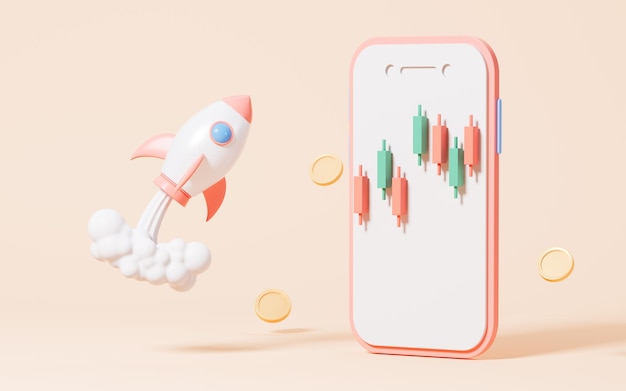 Flying up rocket and stocks in the pink background Business startup and growth statistics trading3d rendering