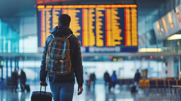 Flying via aircraft gentleman strolling with knapsack and luggage through airport concourse checking out departure details