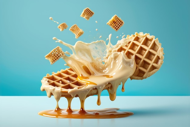 Flying waffles and butter getting dripped with maple syrup over a light blue background AI generated