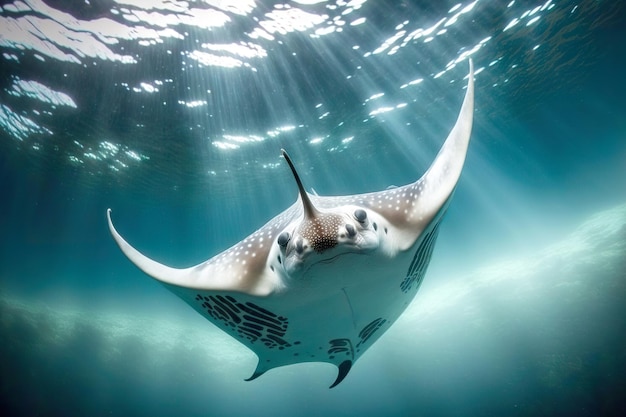 Flying in water big manta ray in sea