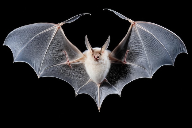 Flying white bat with long ear and open wings isolated on black background