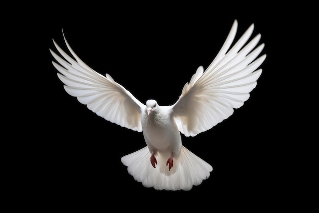 Flying white dove on black background