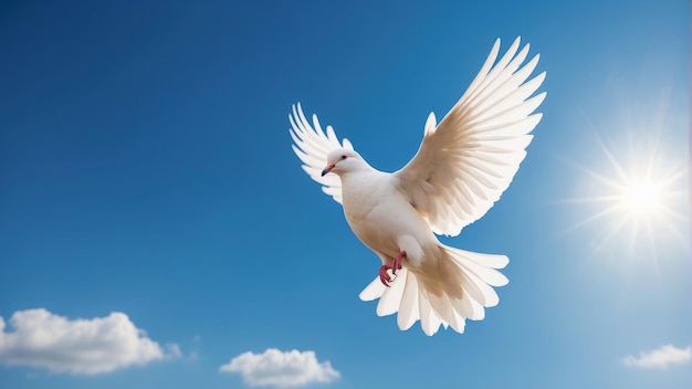 Flying white dove on the blue sky