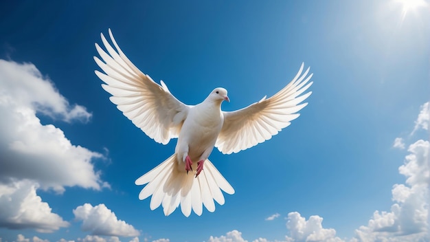 Flying white dove on the blue sky