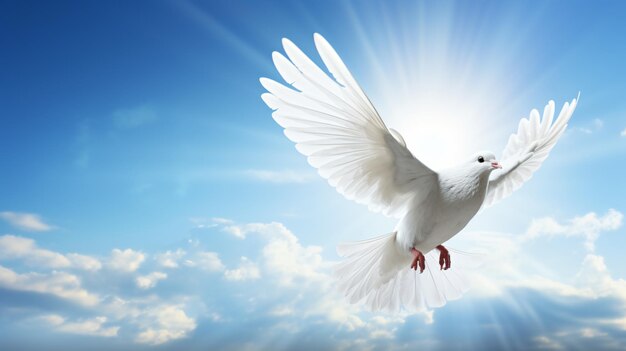 Flying white dove on the blue sky