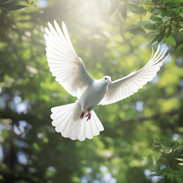 Flying white dove on a dark background A symbol of peace