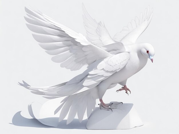 Flying white dove on white background as symbol of peace