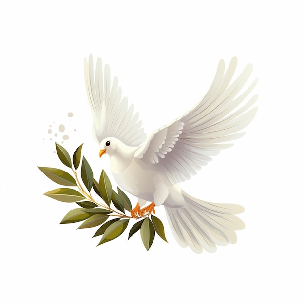 Flying white dove with green olive isolated on a white background