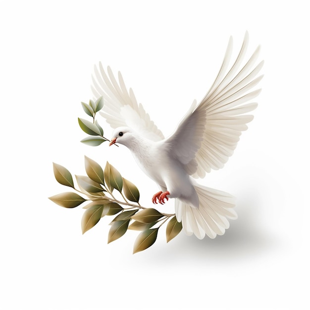 Flying white dove with green olive isolated on a white background