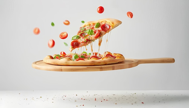 Flying wooden board with tasty pizza margarita on white background