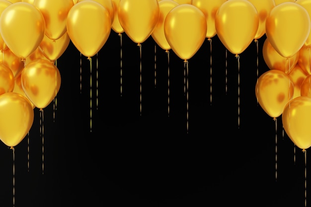 Flying yellow balloons on black background. Template, empty holiday background. 3d rendering.