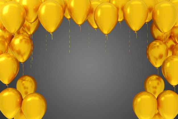 Flying yellow balloons on gray background