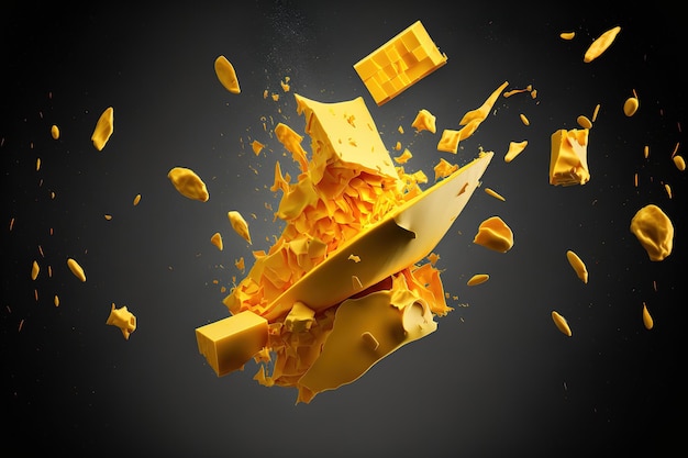 Flying yellow cheese fragments against a dark background