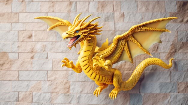 Летающий желтый императорский дракон на стене