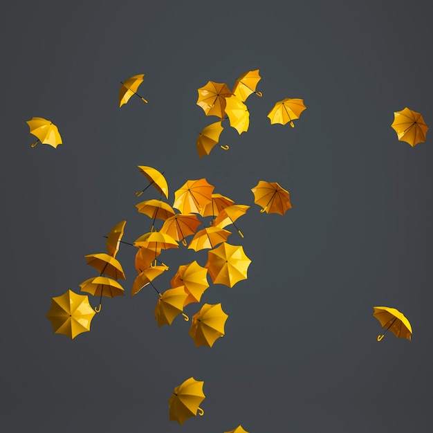 Flying yellow umbrellas on gray background with copy space Autumn symbol Fall colors 3D rendering