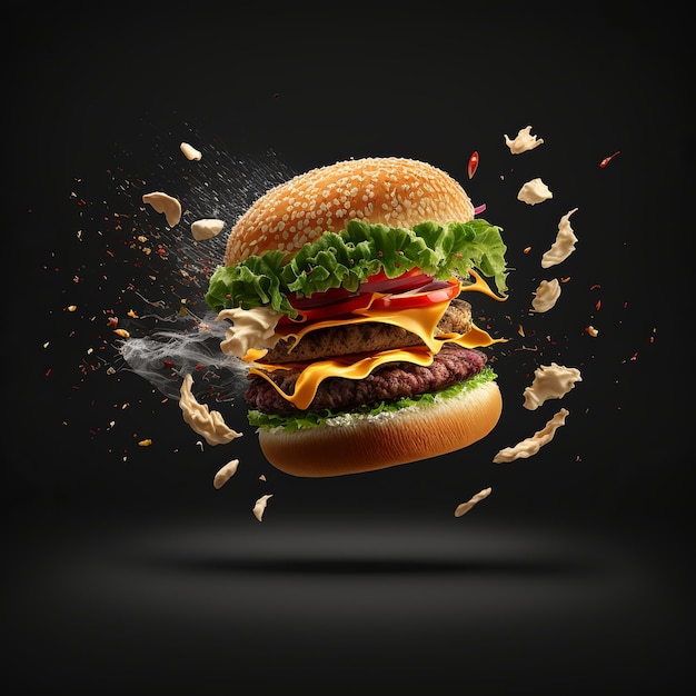 Flying yummy cheese burger with meat tomato lettuce buns and falling off against black background Generative ai