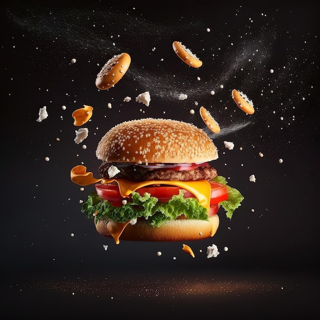 Flying yummy cheese burger with meat tomato lettuce buns and falling off against black background Generative ai