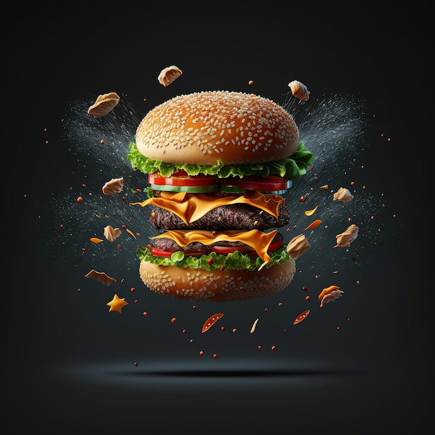 Photo flying yummy cheese burger with meat tomato lettuce buns and falling off against black background generative ai