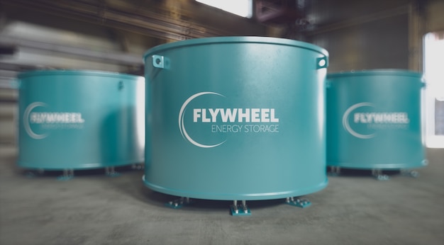 Flywheel energy storage system situated in factory environment. 3d rendering.