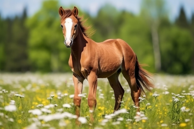 草原で放牧する小馬