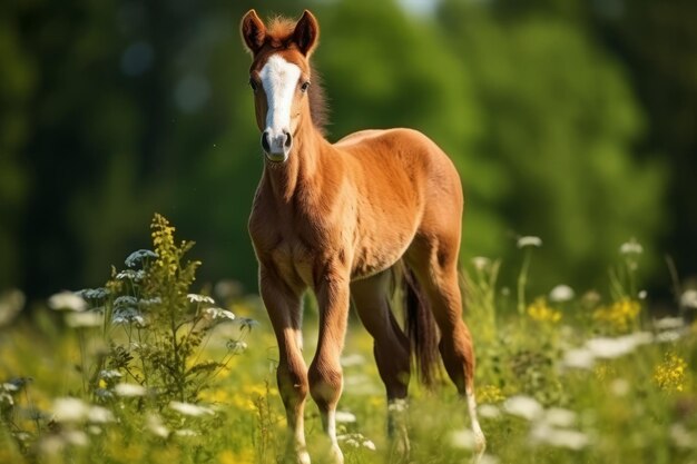 草原で放牧する小馬