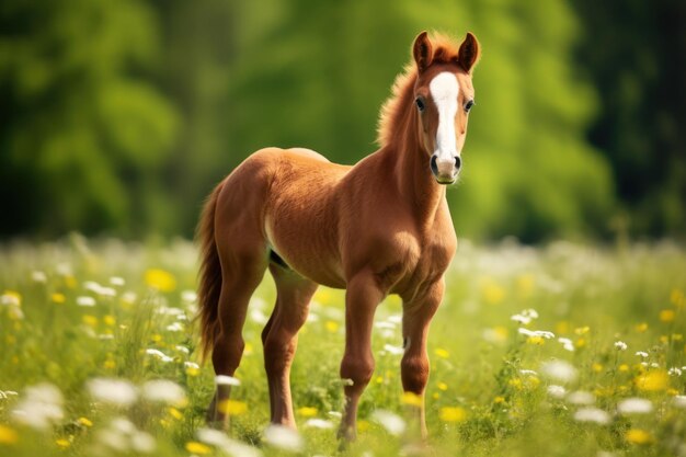 草原で放牧する小馬