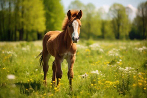 牧草地で放牧される子馬