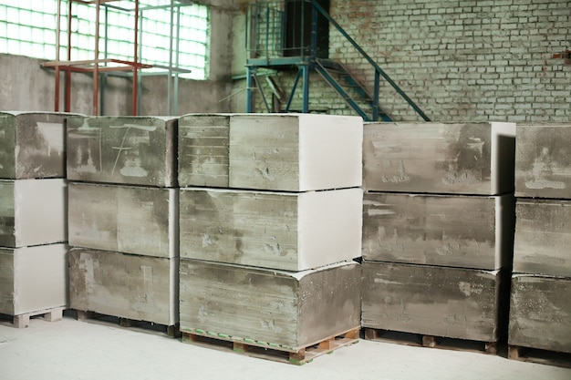 Foam concrete blocks production. Lightweight construction brick. Lightweight foamed gypsum block.