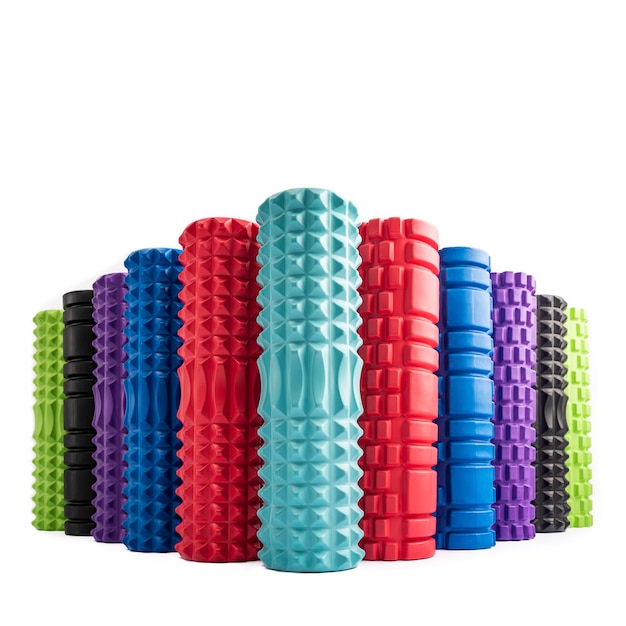 Photo foam roller for myofascial release on white background. tools for self-massage. equipment for mfr. front view.