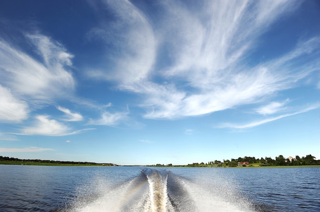 Foaming way speed journey  - the trail from the motor boat on the river