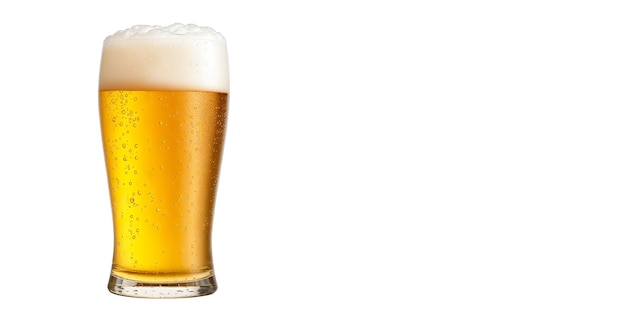 Foamy beer in a glass on a white background banner Generative AI