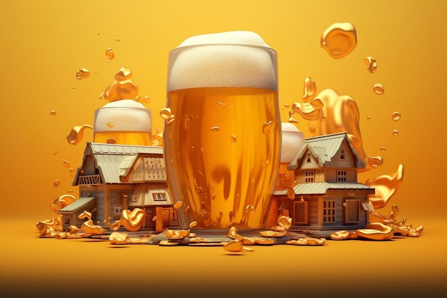 Foamy beer in large glass mug stands in local bar on oktoberfest ai generated