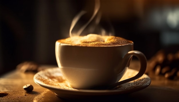 Foamy cappuccino on rustic wood table generated by AI