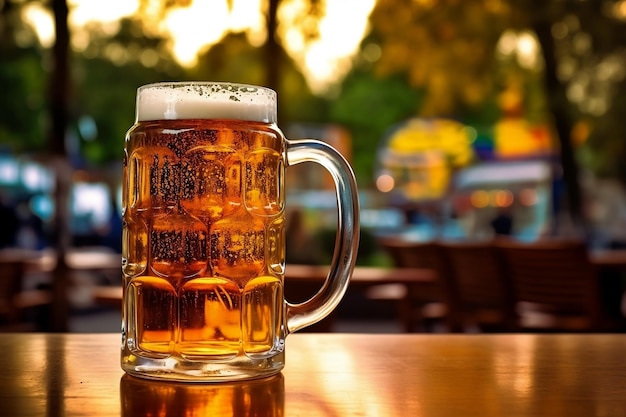 Foamy German beer in large glass mug stands Generative ai