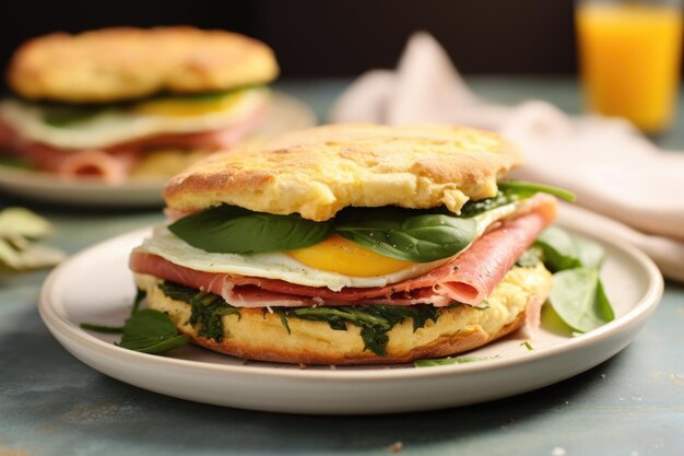 Photo a focaccia breakfast sandwich with prosciutto and eggs