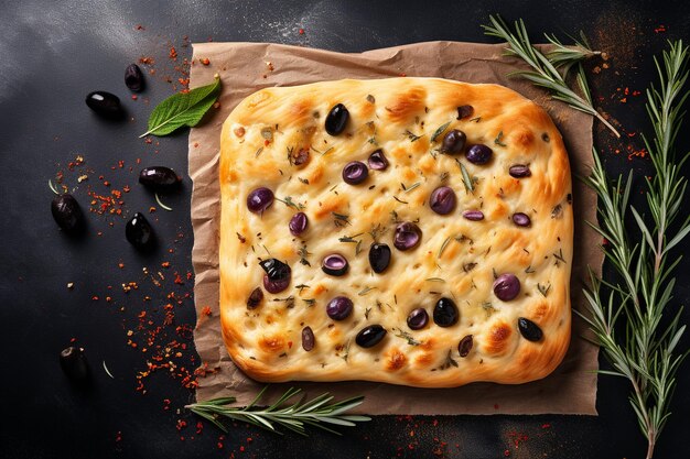 Foto focaccia-deeg met olijven van bovenaf