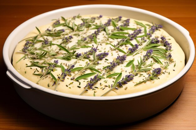 Foto pasta di focaccia e preparazione di erbe