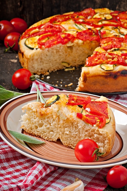 Focaccia with tomatoes and garlic