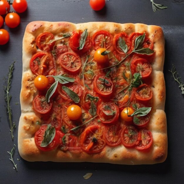 Foto focaccia con pomodori sul tavolo ai generativa alimento ai generato