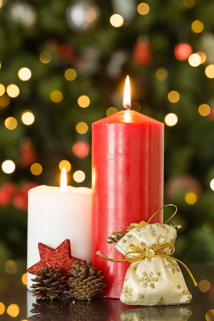 Focus on christmas candles and decorations