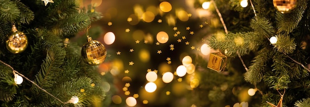 Focus on Christmas tree balls lights and bokeh near the fireplace at Christmas